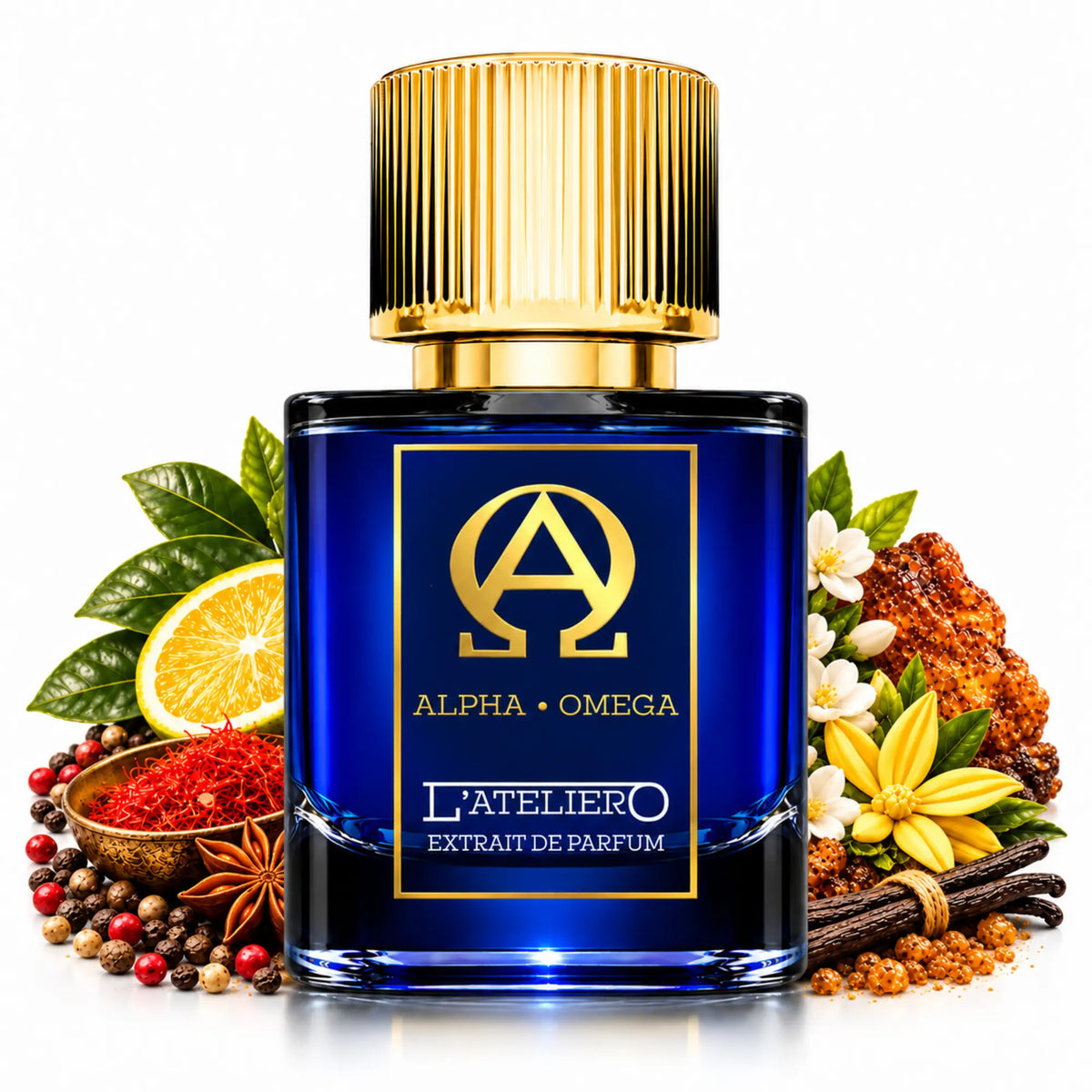 L’ATELIERO Alpha • Omega Extrait de Parfum 50 ml: Flakon mit Zitrushälfte, Safranfäden, Sternanis, Vanilleschoten und Blüten.
