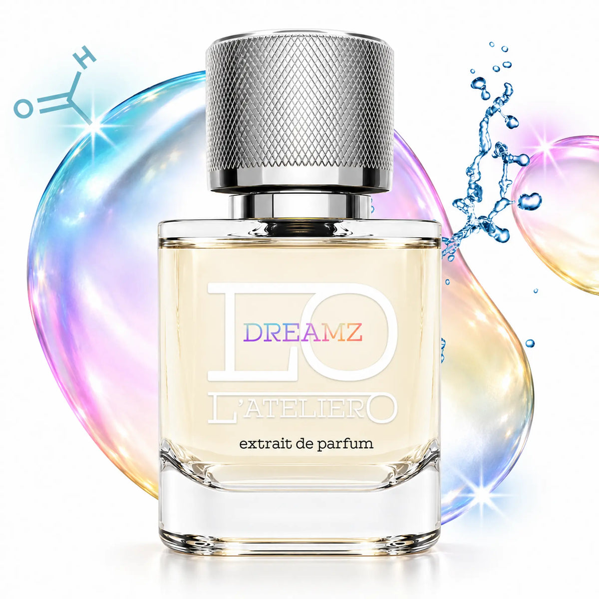 L’ATELIERO DREAMZ Extrait de Parfum 50 ml: Flakon vor schillernden Seifenblasen und blauen Wasserspritzern.