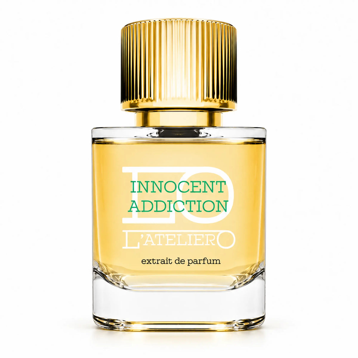 L’ATELIERO Innocent Addiction Extrait de Parfum 50 ml: Flakon mit goldgelbem Parfum, grüner Schrift und Goldverschluss vor weißem Hintergrund.