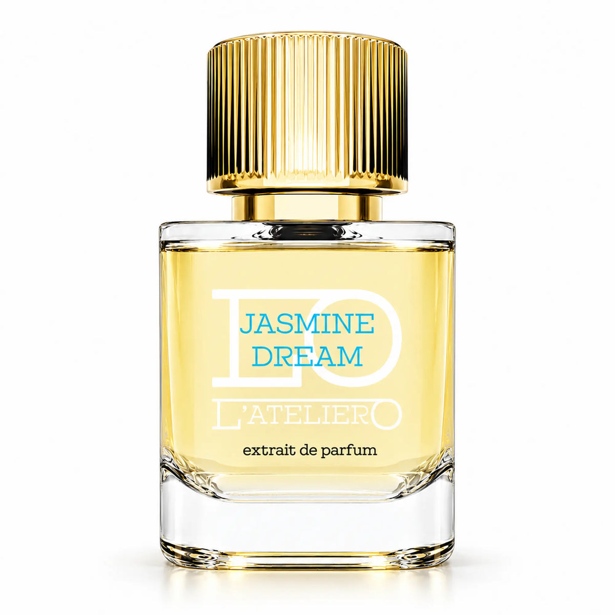 L’ATELIERO Jasmine Dream Extrait de Parfum 50 ml: Flakon mit hellgelbem Parfum, türkisfarbener Schrift und Goldverschluss vor weißem Hintergrund.