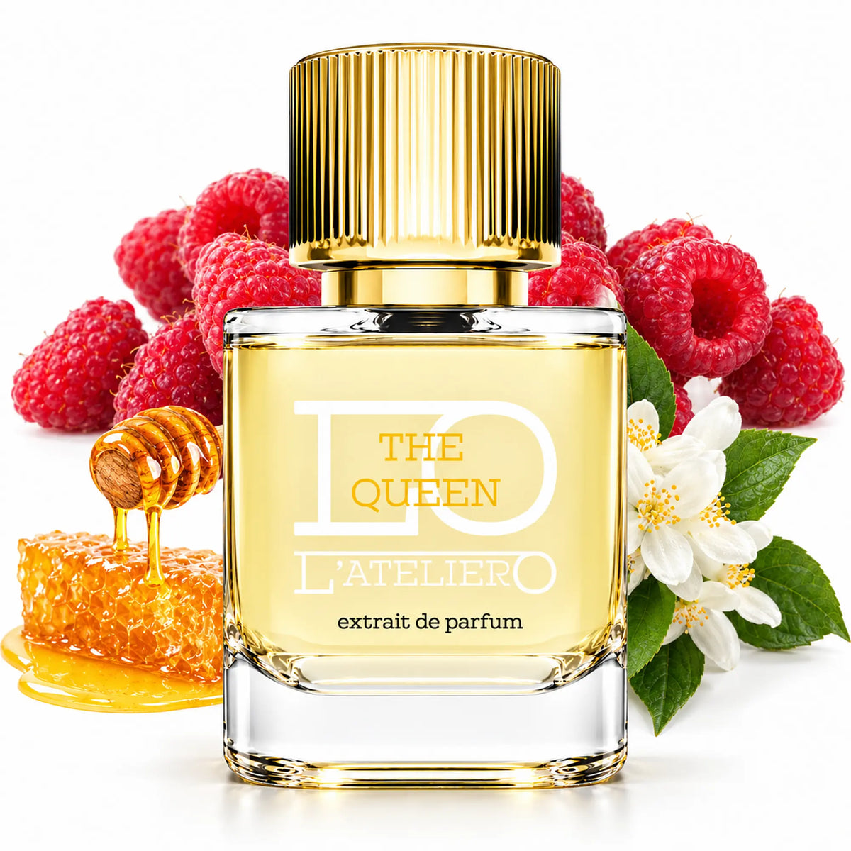 L’ATELIERO The Queen Extrait de Parfum 50 ml: Flakon zwischen Himbeeren, Honigwabe und weißen Blüten.