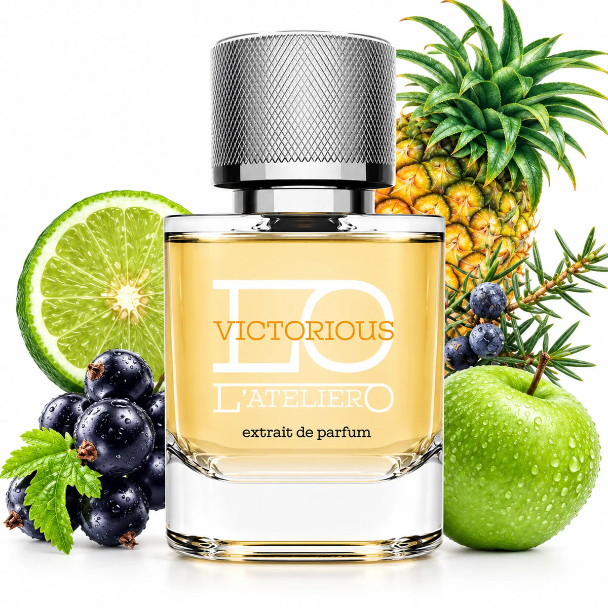 L’ATELIERO Victorious Extrait de Parfum 50 ml: Flakon mit Ananas, grünem Apfel, schwarzen Johannisbeeren und grüner Zitrushälfte.