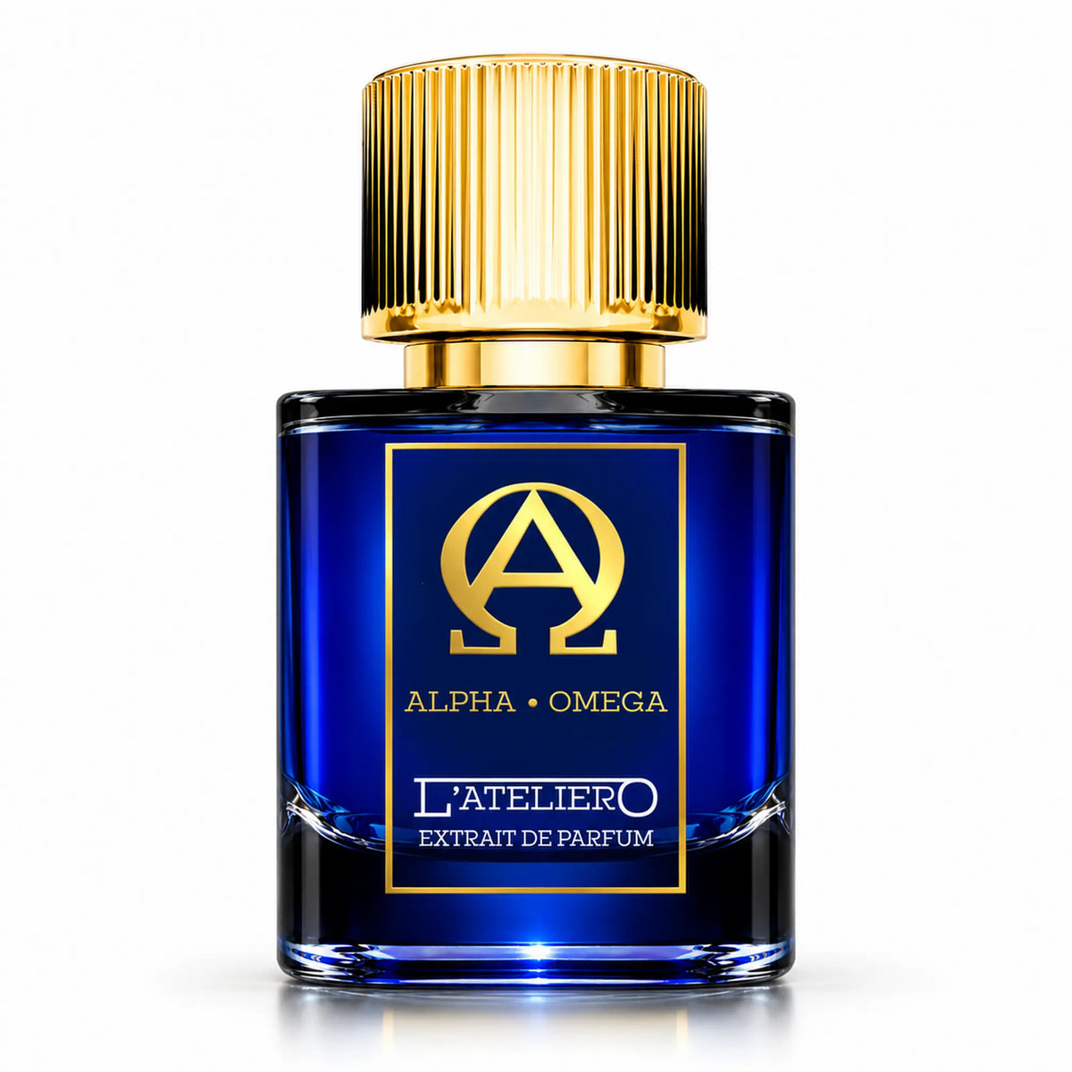 L’ATELIERO Alpha • Omega Extrait de Parfum 50 ml: Flakon mit kobaltblauem Glas, goldenem Symbol und geriffeltem Goldverschluss vor weißem Hintergrund.