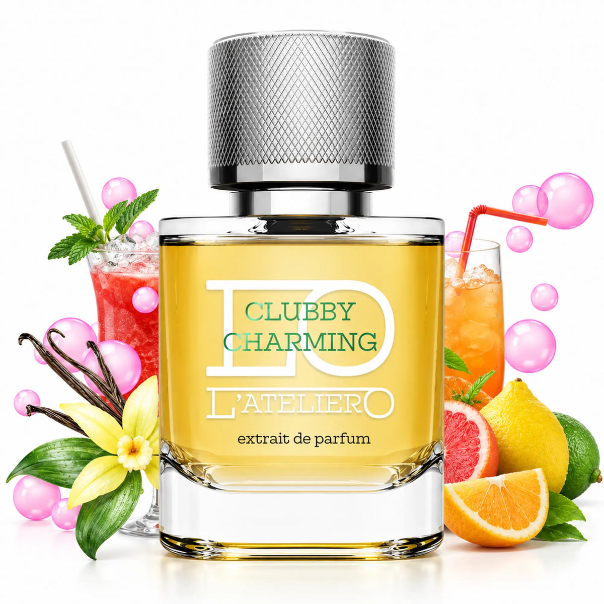 L’ATELIERO Clubby Charming Extrait de Parfum 50 ml: Flakon mit bunten Cocktails, Zitrusfrüchten, Vanilleschoten und rosa Blasen.