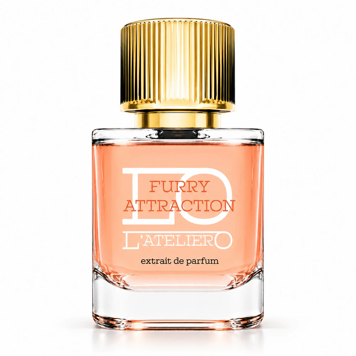 L’ATELIERO Furry Attraction Extrait de Parfum 50 ml: Flakon mit rosafarbenem Parfum und geriffeltem Goldverschluss vor weißem Hintergrund.