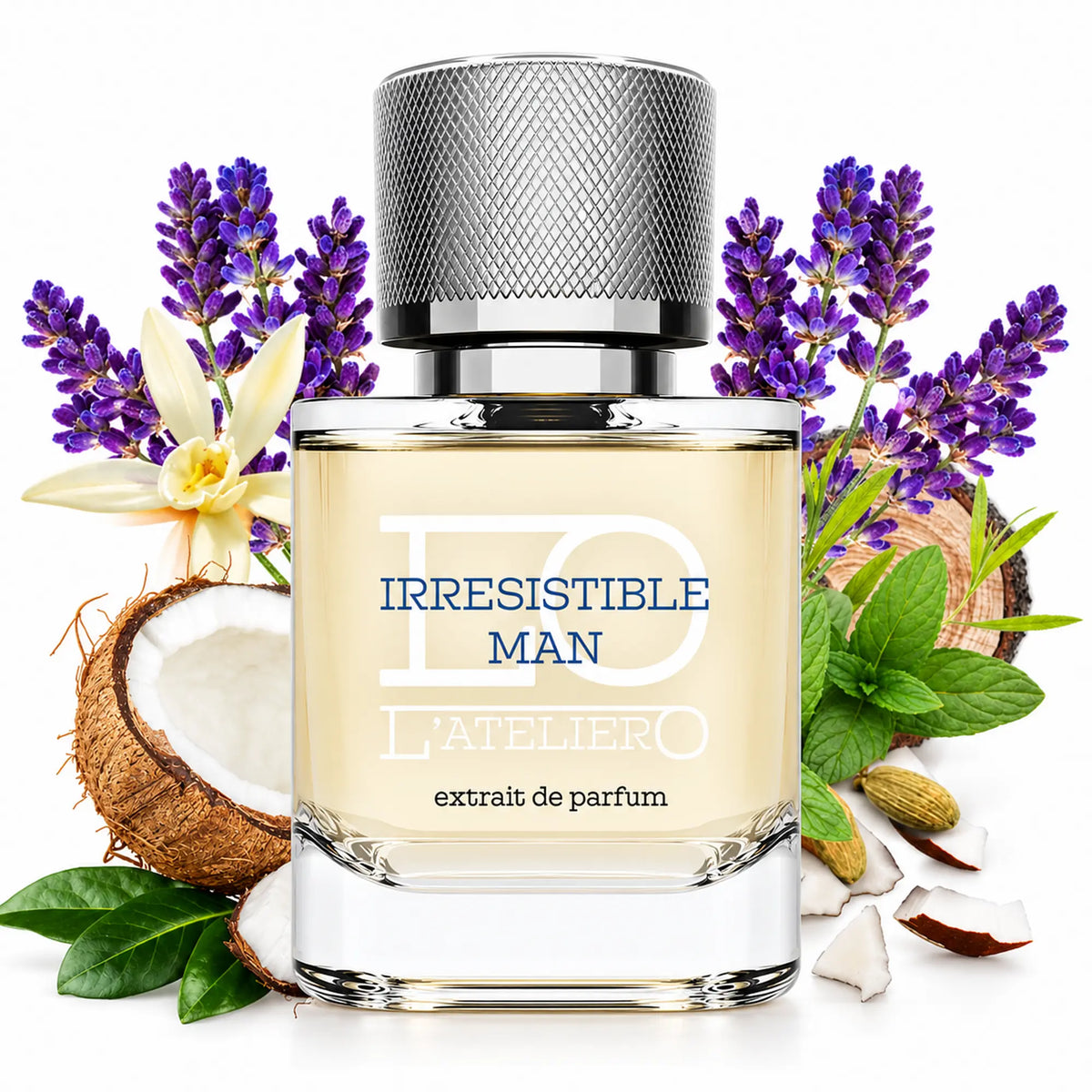 L’ATELIERO Irresistible Man Extrait de Parfum 50 ml: Flakon zwischen Lavendel, Kokosnusshälften, grünen Blättern und Kardamomkapseln.