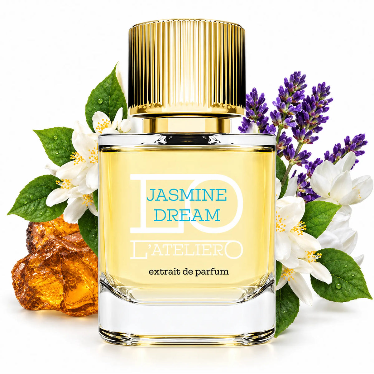 L’ATELIERO Jasmine Dream Extrait de Parfum 50 ml: Flakon zwischen weißen Blüten, Lavendel und bernsteinfarbenen Steinen.