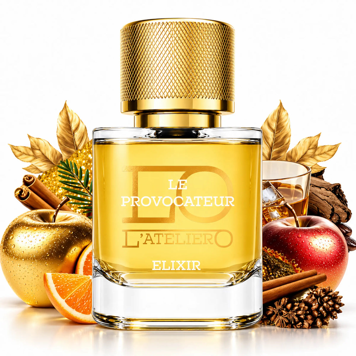 L’ATELIERO Le Provocateur Elixir Extrait de Parfum 50 ml: Flakon mit rotem und goldenem Apfel, Orangenspalte, Zimt und Glas mit Eiswürfeln.