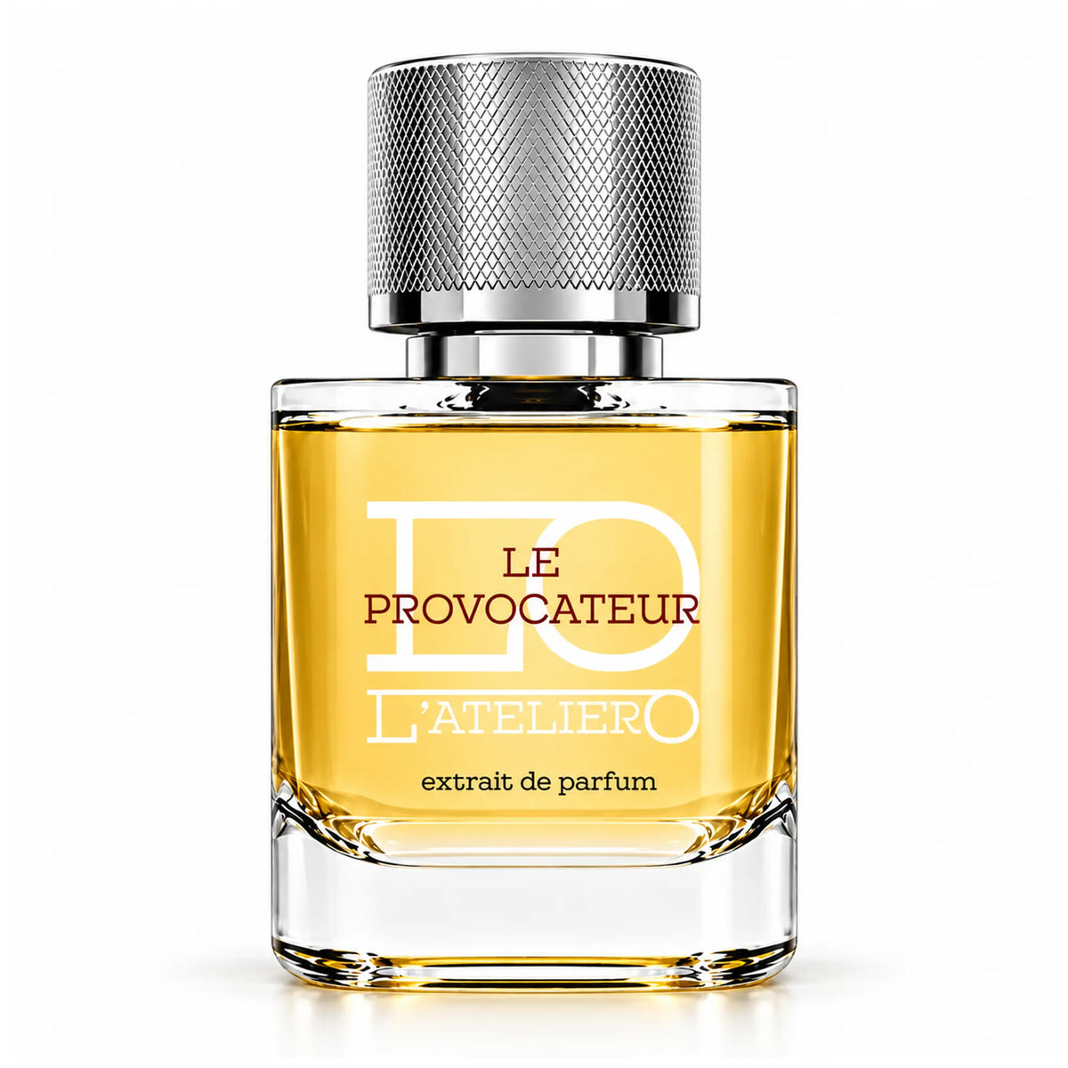 L’ATELIERO Le Provocateur Extrait de Parfum 50 ml: Flakon mit goldgelbem Parfum und strukturiertem Silberverschluss vor weißem Hintergrund.