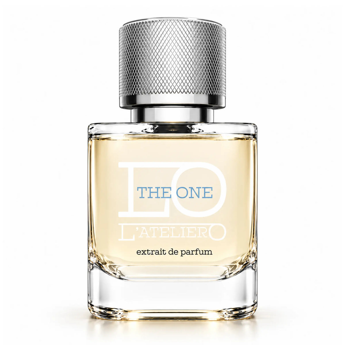 L’ATELIERO The One Extrait de Parfum 50 ml: Flakon mit hellgelbem Parfum, hellblauer Schrift und Silberverschluss vor weißem Hintergrund.