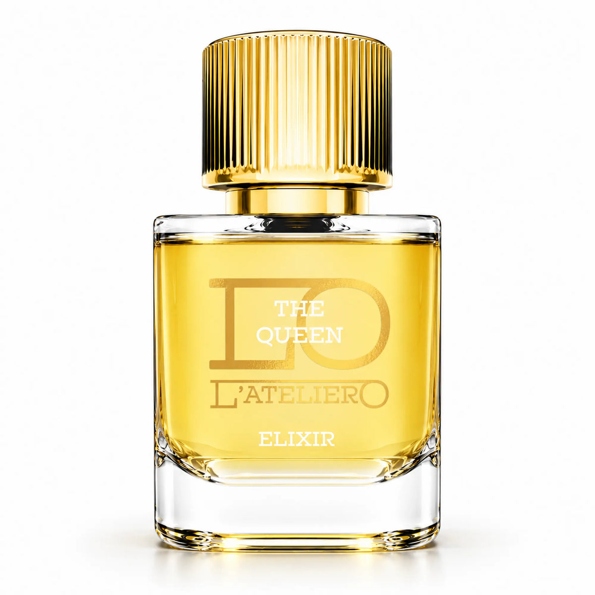 L’ATELIERO The Queen Elixir Extrait de Parfum 50 ml: Flakon mit goldgelbem Parfum und geriffeltem Goldverschluss vor weißem Hintergrund.